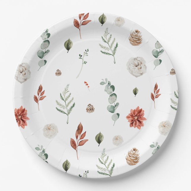 Elegantes Winter Botanisches Rotes Brautparty Pappteller (Vorderseite)