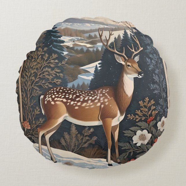 Elegantes Winter Deer Nature Design Rundes Kissen (Vorderseite)