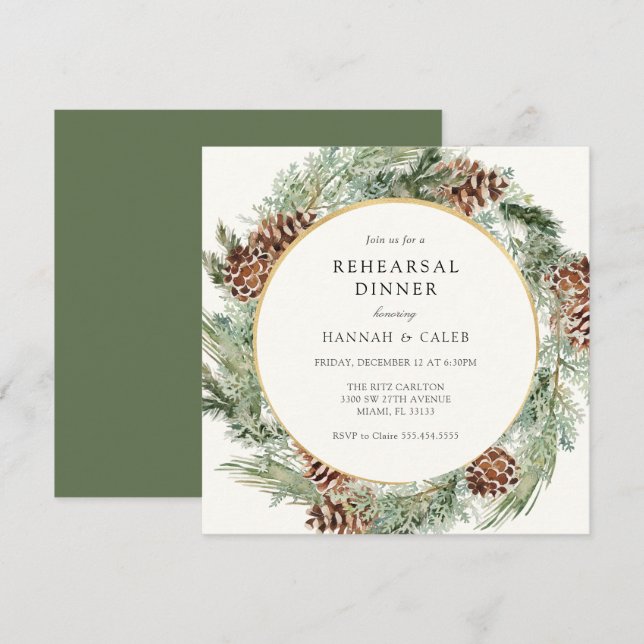 Elegantes Winter Evergreen Hochzeit Probe Dinner Einladung (Vorne/Hinten)