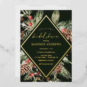 Elegantes Winter Evergreen Poinsettia Brautparty Folieneinladung