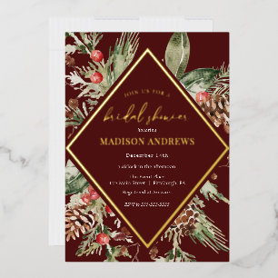 Elegantes Winter Evergreen Poinsettia Brautparty Folieneinladung