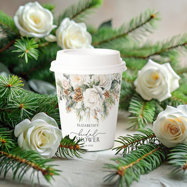 Elegantes Winter Floral Greenery Brautparty Pappbecher (Von Creator hochgeladen)
