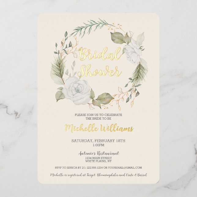 Elegantes Winter Floral Wreath Brautparty Folieneinladung (Vorderseite)
