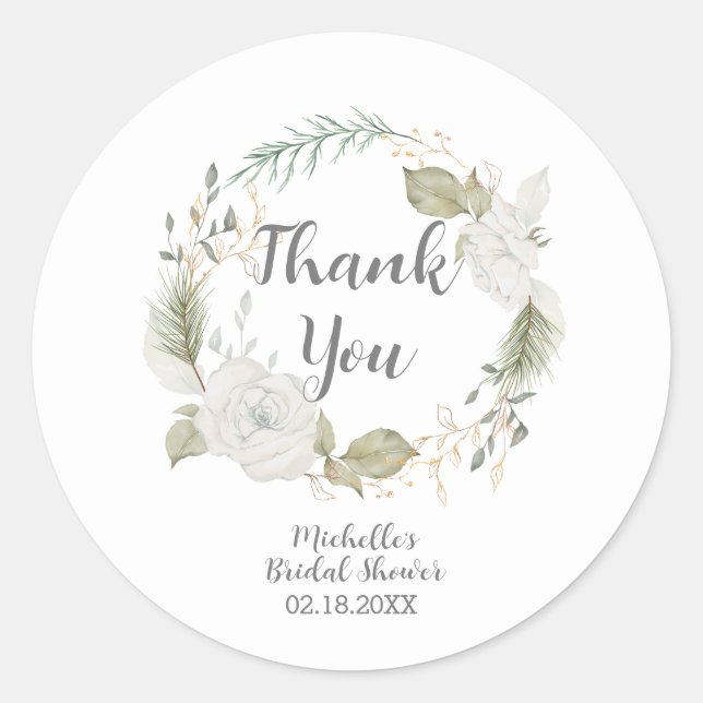 Elegantes Winter Floral Wreath Brautparty Runder Aufkleber (Vorderseite)