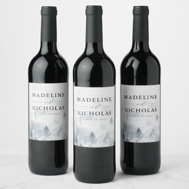 Elegantes Winter Forest Wedding Wine Label Weinetikett (Flaschen)