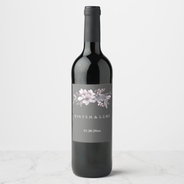 Elegantes Winter Gray Blumenweinlabel Weinetikett (Vorderseite)