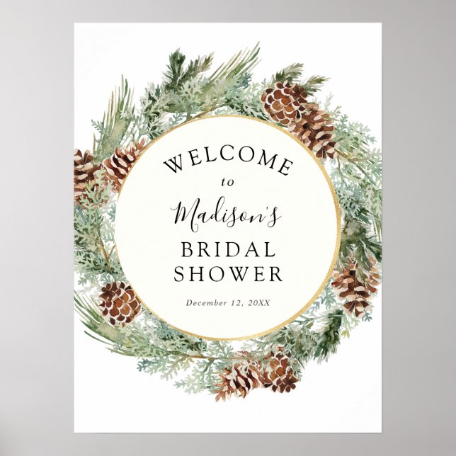 Elegantes Winter Greenery Brautparty Willkommen Poster (Vorne)