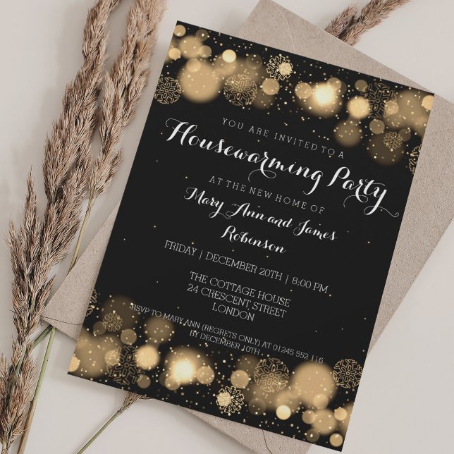 Elegantes Winter Housewarming Party Gold Einladung (Elegant Winter Housewarming Party Gold Invitation)
