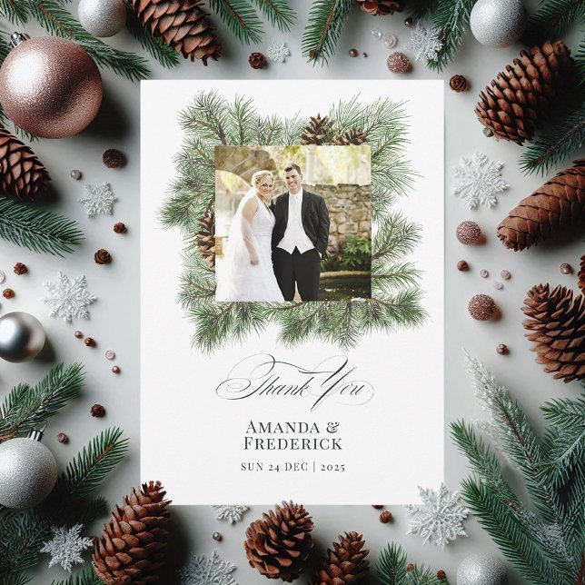 Elegantes Winter Pine Christmas Wedding Foto Dankeskarte (Elegant Winter Pine Christmas Wedding Photo Thank You Card)