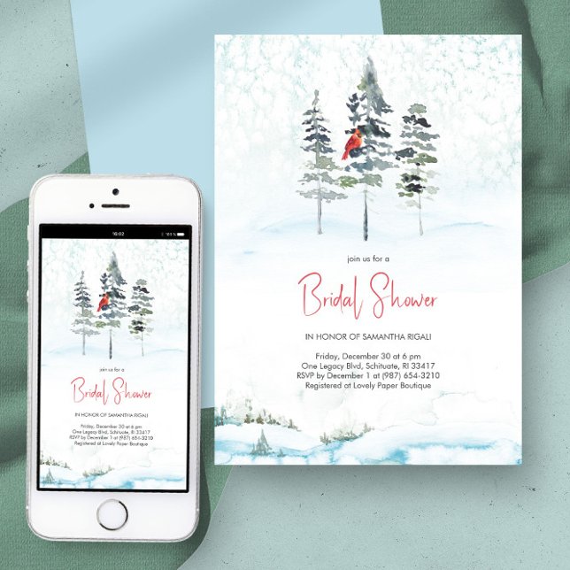 Elegantes Winter Pines Weihnachts-Brautparty Einladung (Bridal shower invitations watercolor winter pine trees and snow in blue)