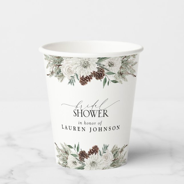 Elegantes Winter Watercolor Brautparty Pappbecher (Vorderseite)