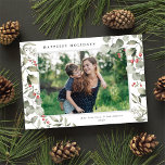 Elegantes Winter Watercolor Grüne Botanisches Foto Feiertagskarte<br><div class="desc">Diese elegante Urlaubskarte verfügt über ein Single-Foto,  das durch einen wunderschönen Aquarelltusblüten,  Heiligenbäumen und Beeren gerahmt ist. Der bearbeitbare Gruß auf der Vorderseite sagt "Glücklichste Ferien". Auf der Kartenrückseite befindet sich ein festlicher roter Hintergrund,  dem Sie ein anderes Foto und/oder einen zusätzlichen Text hinzufügen können.</div>