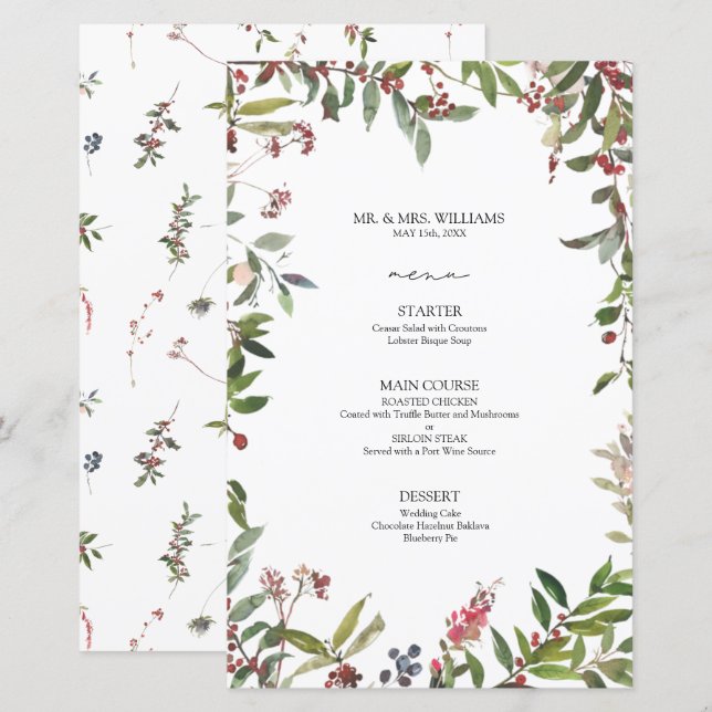 Elegantes Winter Wildblume Berry Wedding Menu (Vorne/Hinten)