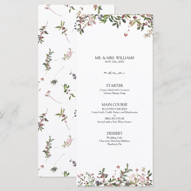 Elegantes Winter Wildblume Berry Wedding Menu Menükarte (Vorne/Hinten)