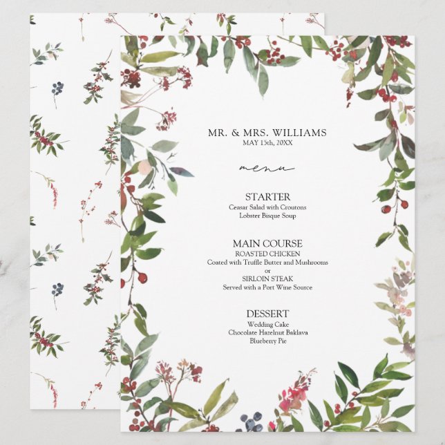 Elegantes Winter Wildblume Berry Wedding Menu Menükarte (Vorne/Hinten)