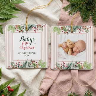 Elegantes Winterlaub Rosa Baby's erstes Weihnachte Keramikornament