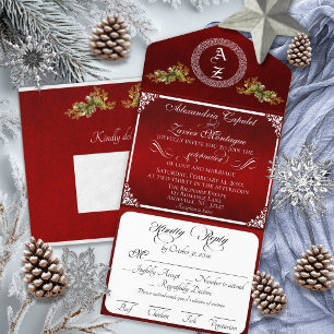 Elegantes winterliches botanisches Monogramm - Rot All-in-One-Einladung
