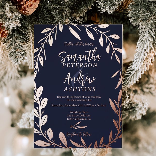 Elegantes winterliches Hochzeitsfest auf dem blaue Folieneinladung (Elegant winter wonderland navy blue wedding photo foil invitation)