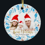 Elegantes Wintermuster individuelles Foto Weihnach Keramik Ornament<br><div class="desc">Die elegante blaue Blattstruktur umgibt Ihr Foto mit frohen Weihnachten in Goldschrift (kein vergoldeter Glitzer).</div>
