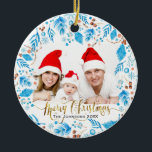 Elegantes Wintermuster individuelles Foto Weihnach Keramik Ornament<br><div class="desc">Die elegante blaue Blattstruktur umgibt Ihr Foto mit frohen Weihnachten in Goldschrift (kein vergoldeter Glitzer).</div>