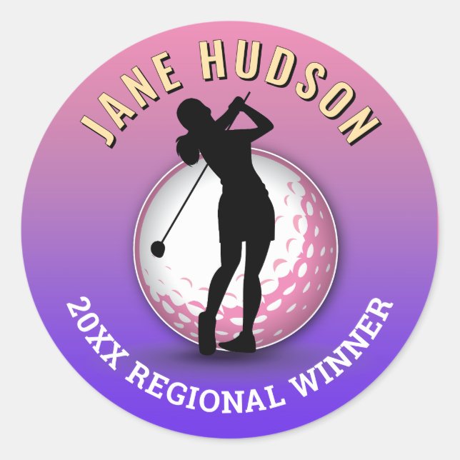 Elegantes Women Golfer Monogram Design Runder Aufkleber (Vorderseite)