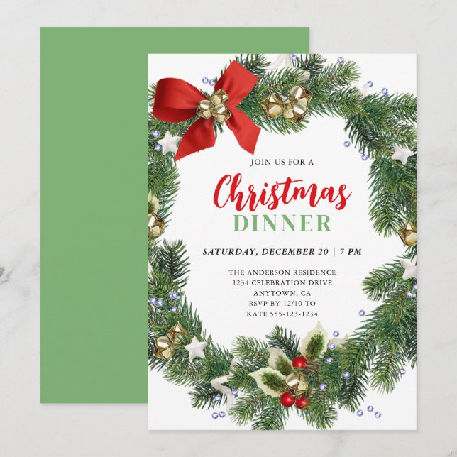 Elegantes Wreath Christmas Dinner Party Einladung (Vorne/Hinten)