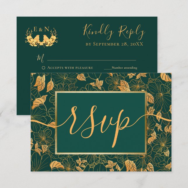Elegantes, wunderschönes Emerald Green & Gold Foli RSVP Karte (Vorne/Hinten)