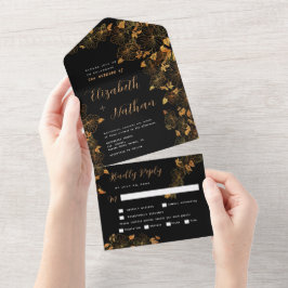Elegantes, wunderschönes Schwarz-Gold-Blätter All In One Einladung