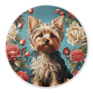 Elegantes Yorkshire-Terrier-Porträt Rosengarten Keramikknauf