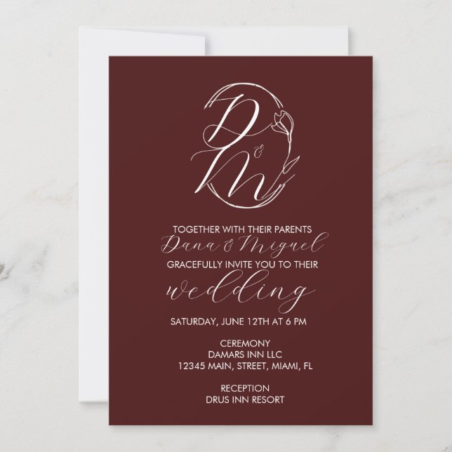 Elegantes zartes florales Hochzeitslogo Tiefburgun Einladung (Vorderseite)