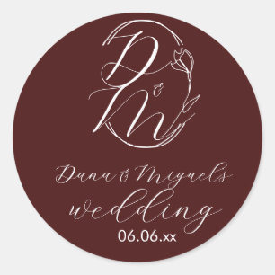 Elegantes zartes florales Hochzeitslogo Tiefes Bur Runder Aufkleber
