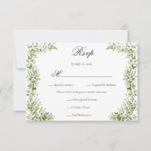 Elegantes, zartes, grünes Botanik-Hochzeitsmenü RSVP Karte