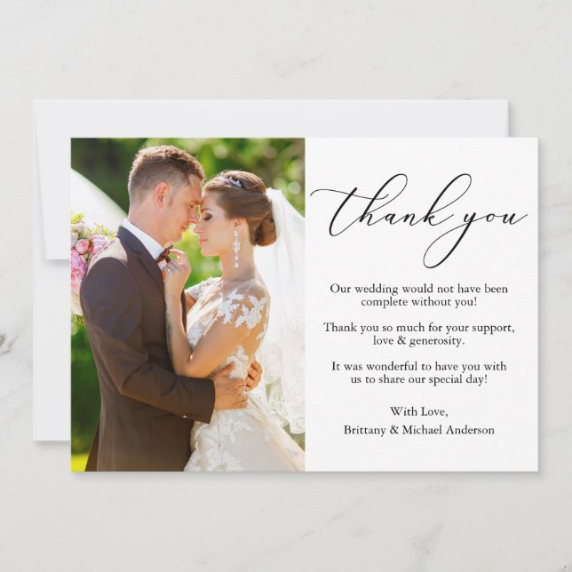 Elegantes zartes kalligrafisches Foto Hochzeit Dankeskarte (Vorderseite)