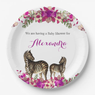 Elegantes Zebra Pink Floral Baby Shower Party Pappteller