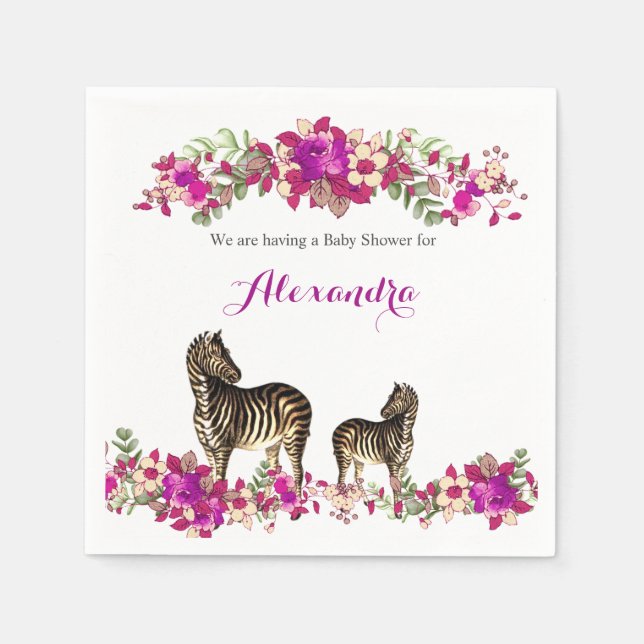 Elegantes Zebra Pink Floral Baby Shower Party Serviette (Vorderseite)