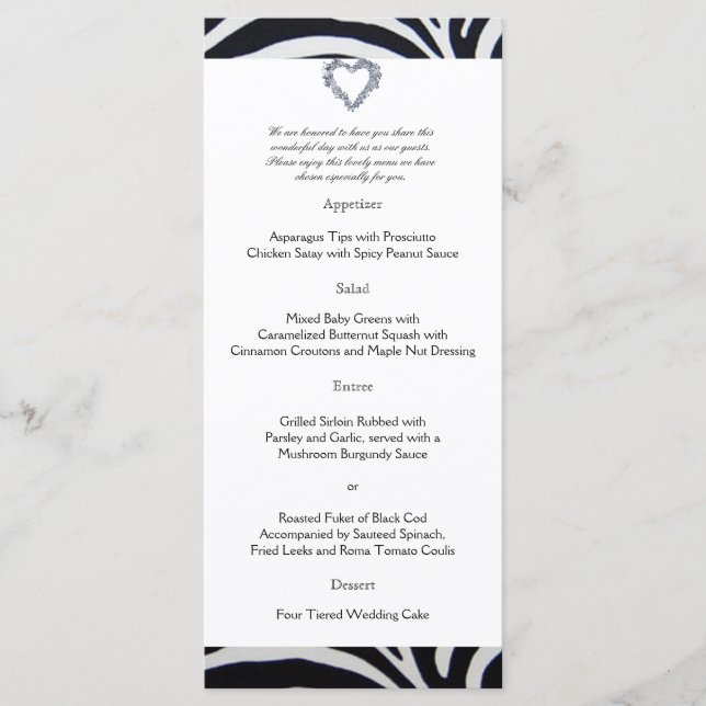 Elegantes Zebra Stripe Wedding Menu Menükarte (Vorderseite)