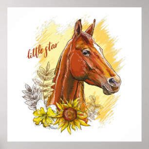Elegantes zeichnend Pferd mit Pflanze und Blume Poster