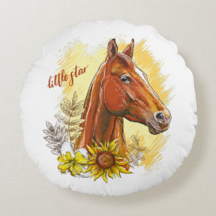 Elegantes zeichnend Pferd mit Pflanze und Blume Rundes Kissen