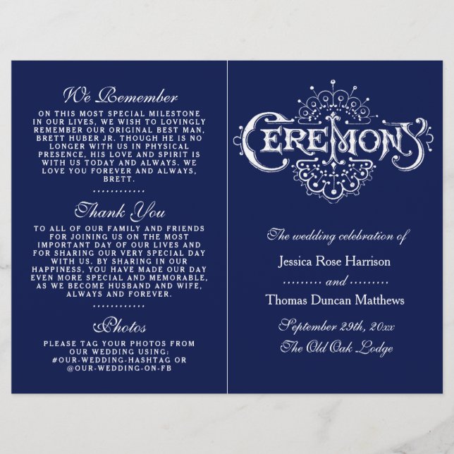 Elegantes Zeremoniell-Programm für Navy Blue & Whi (Vorderseite)
