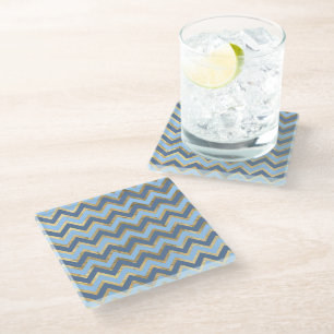 Elegantes Zickzack Blau- und Goldmuster Glasuntersetzer