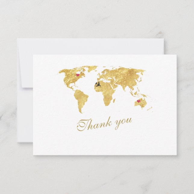 Elegantes Ziel Gold Weltkarte Hochzeit Dankeskarte (Vorderseite)