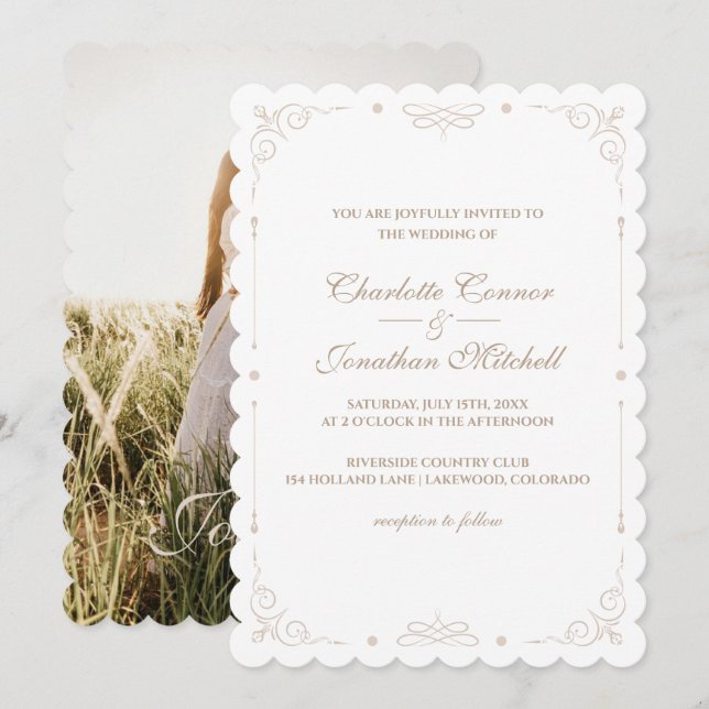 Elegantes Zierrahmen-Foto Hochzeit Einladung (Vorne/Hinten)