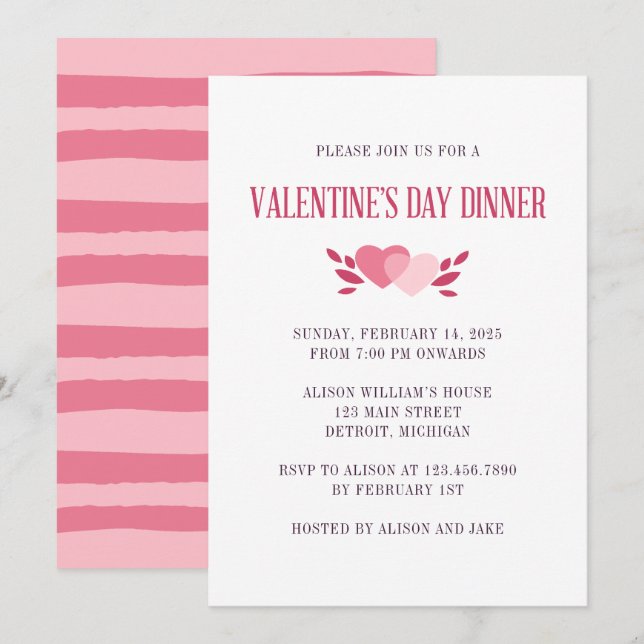 Elegantes zweirosa Herz - Party zum Abendessen Einladung (Vorne/Hinten)