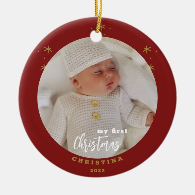 Elegantes zweiseitiges Foto von My First Christmas Keramik Ornament (Vorne)