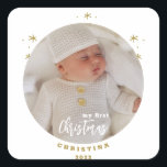 Elegantes zweiseitiges Foto von My First Christmas Quadratischer Aufkleber<br><div class="desc">Einfach und prächtig in goldenem Ton mit einem weißen festlichen Urlaubsskript dieses zweiseitige My First Christmas mit Baby's Foto. Ersetzen Sie durch Ihr Foto,  Name und Jahr der Wahl Genießen Sie die Jahreszeit!</div>
