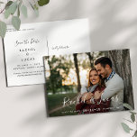 Elegantly Penned | Photo Save the Date Ankündigungspostkarte<br><div class="desc">An elegant wedding save the date postcard designed to accommodate your favorite horizontal or landscape oriented full-bleed engagement photo. Your names appear as a white text overlay in modern hand lettered script. Personalize with your wedding date and wedding location beneath. Postcards reverse to show additional save the date details, including...</div>