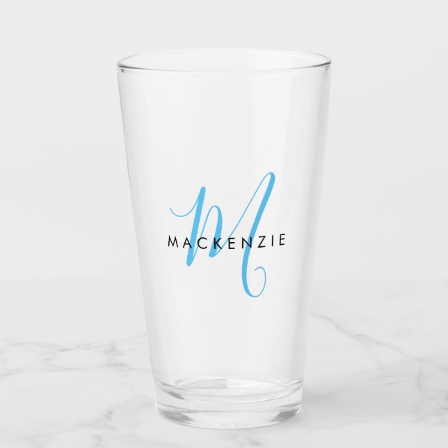 Eleganto Modern Sky Blue Script Monogram Glas (Vorderseite)