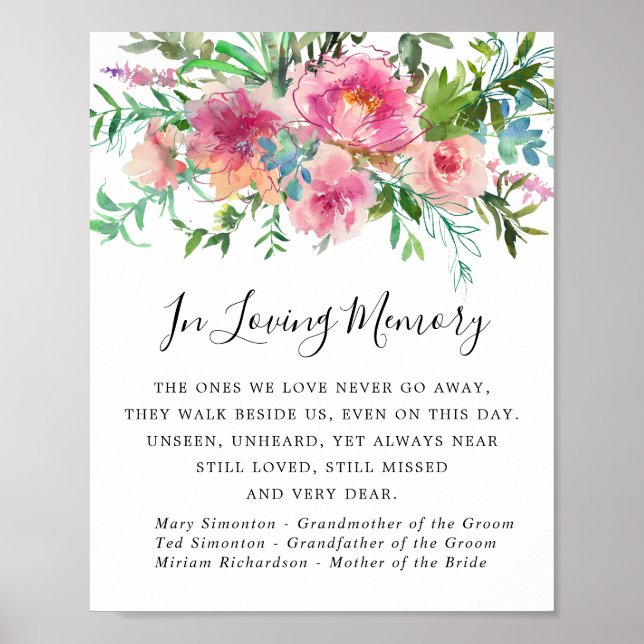 ElegantPink Peony Floral Wedding Memorial Unterzei Poster (Vorne)