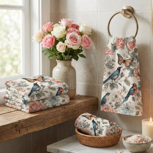 Élégants Oiseaux Fleuris Bleu & Corail