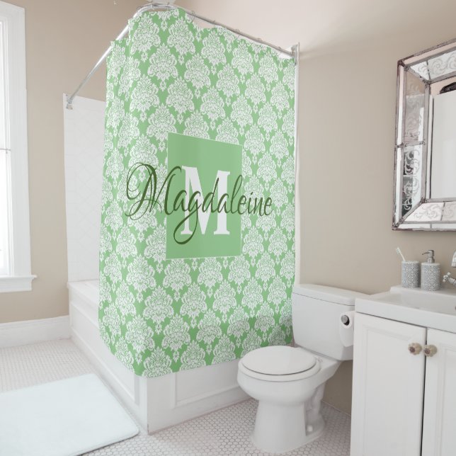 Elegantsage Green Damask Monogramm und Name Duschvorhang (Beispiel)